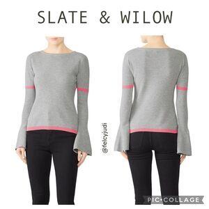 Slate & Willow | Women's Grey‎ Bell Sleeve Sweater in Grey with Pink Trim, Small